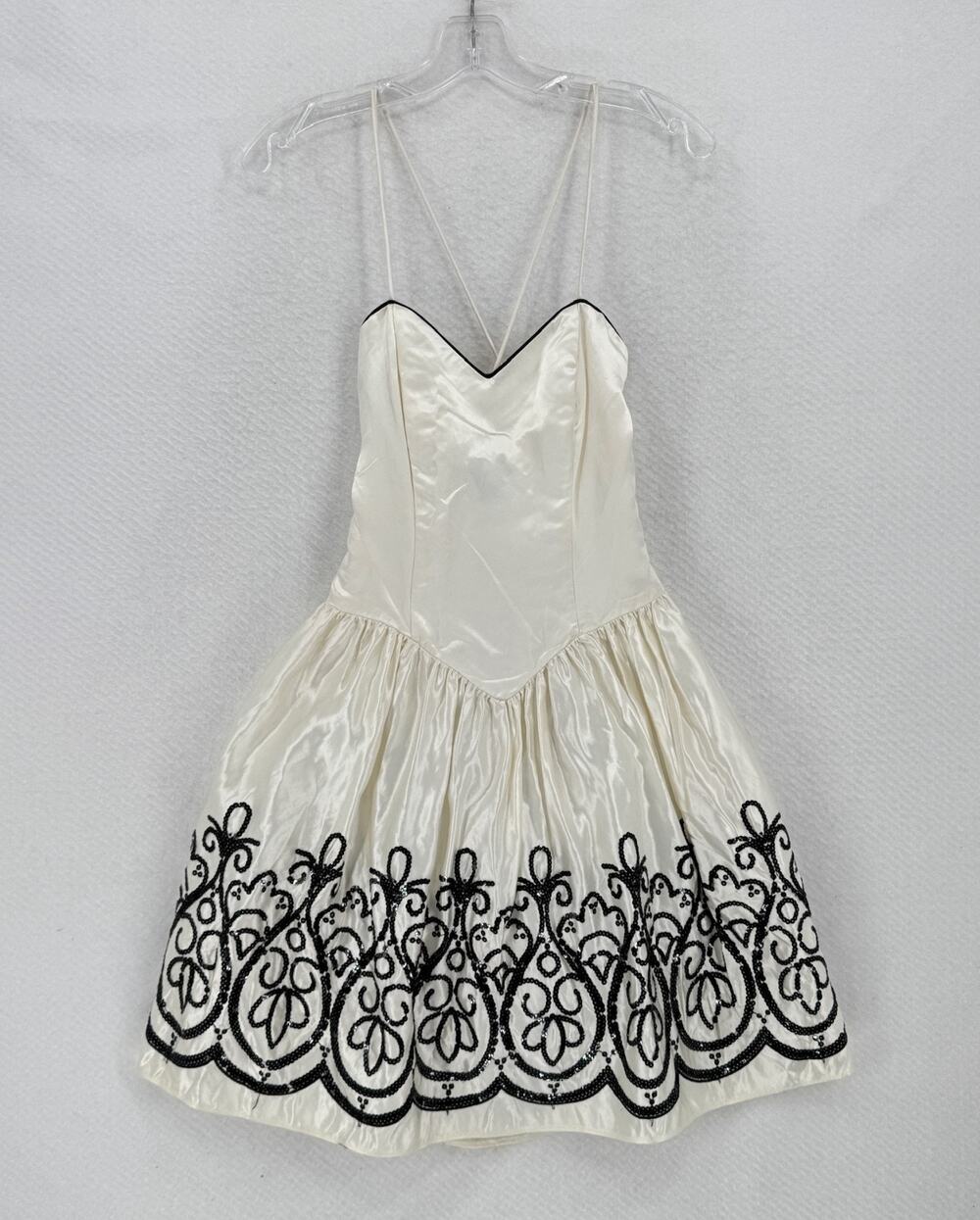 Jessica McClintock Gunne Sax Ivory Satin Black Sequin Fit Flare Dress Sz 5/6